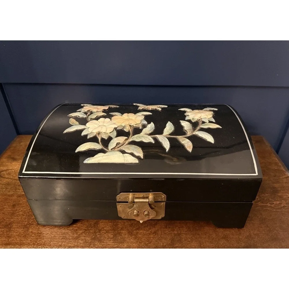 Vintage Large Black Lacquer & Inlaid Mother of Pearl Jewelry Box w/Mirror 12